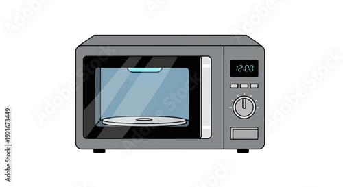 A grey microwave oven sits on a white background.