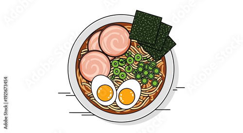 A bowl of delicious ramen with egg, pork, and seaweed illustration.
