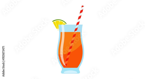 Refreshing orange drink with lime garnish and a straw on white