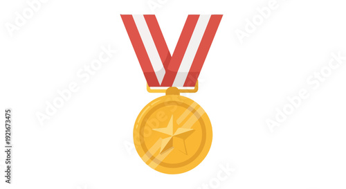 A shiny gold medal with a red ribbon and star award.
