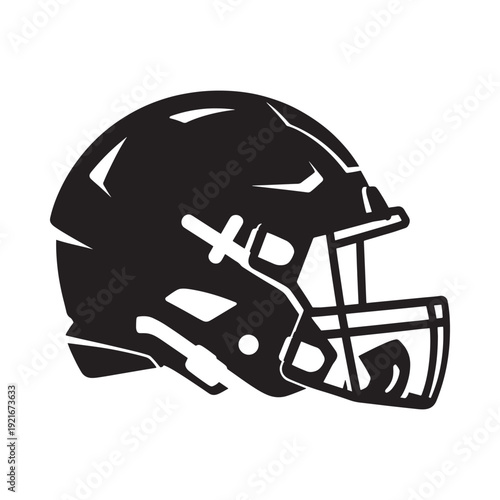 A black and white silhouette of an american football helmet