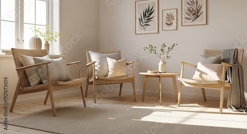 Cozy living room interior wooden chairs decor and natural light