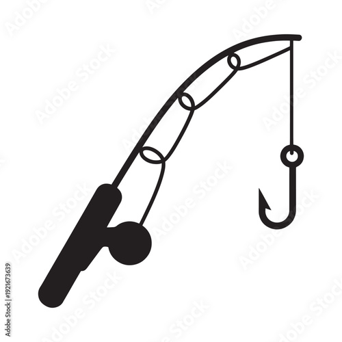 Simple black and white illustration of a fishing rod with a hook