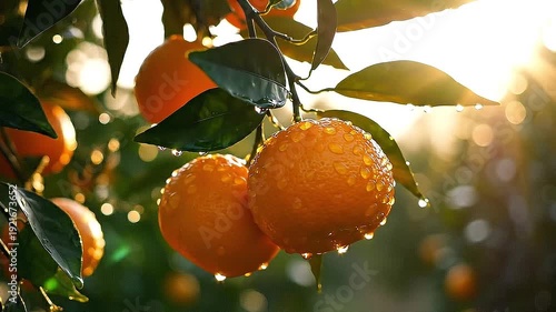 Fresh oranges with dew drops on branch in golden sunlight