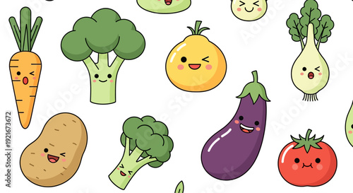 Seamless pattern with cute vegetables in kawaii style.