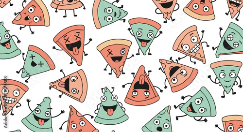 Animated pizza slices with funny faces create a seamless pattern.