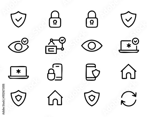 Security and protection icons set including shield lock eye and house symbols for privacy and safety concepts