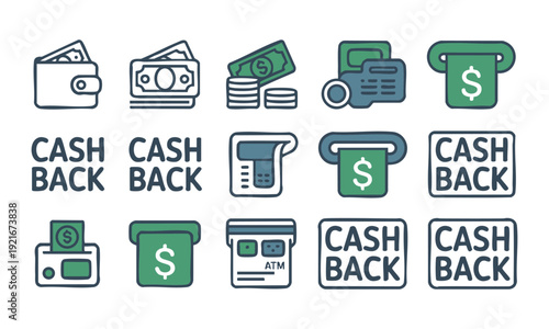 Collection of cash back icons and logos with various payment methods and rewards
