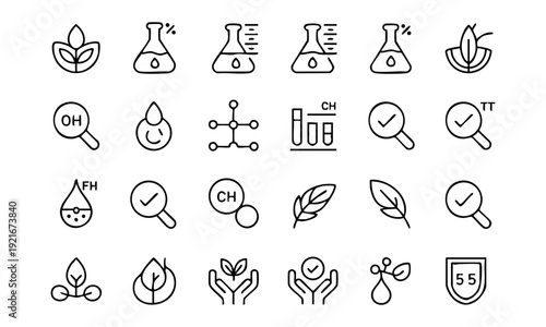 Black and white line drawing icons of science and biology laboratory equipment and organic elements
