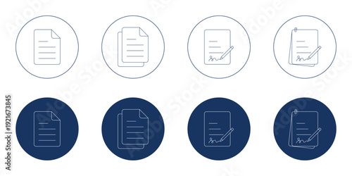 Legal document icon set with contract and approval symbols. Clean vector illustration for law, business, and compliance. Full collection files icons