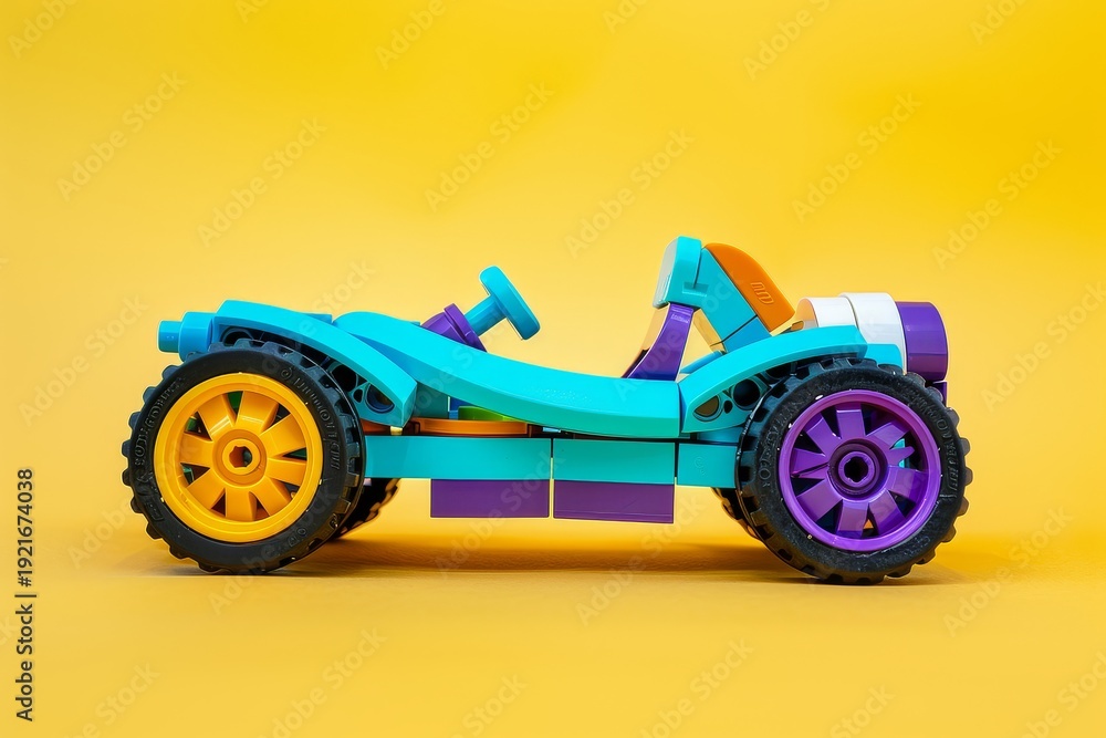 Fototapeta premium toy car in blue and purple on yellow background, minimalist product photography