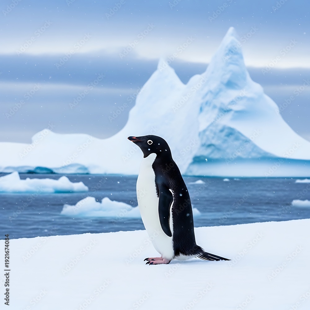 Obraz premium Adelie Penguin Standing on Snowy Antarctic Shoreline with Icebergs.