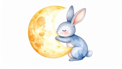 Whimsical rabbit on moon watercolor painting artwork gentle rabbit sits on crescent moon in beautiful watercolor art