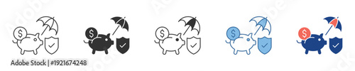 Set of vector icons symbolizing financial security, savings protection, and money insurance, featuring a piggy bank, shield, and umbrella to represent banking safety concepts