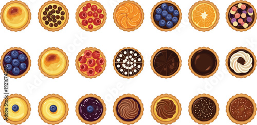 Fruit Tart and Sweet Pastry Vector Icon Set with Mini Desserts, Cream Fillings, Chocolate, Berries, and Bakery Treat Designs