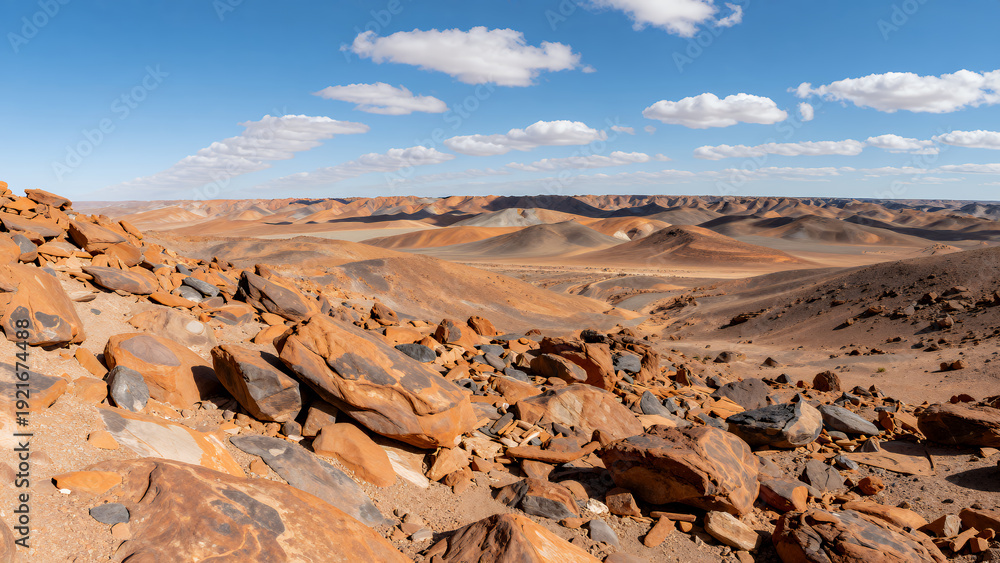 Obraz premium Panoramic View Of Rocky Desert Landscape With Rugged Terrain And Expansive Sky, Ideal For Travel And Nature Themes