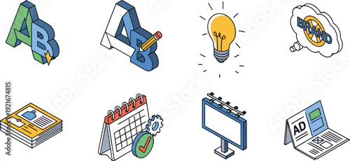 Isometric marketing icons illustration, A/B testing, branding, creativity, campaign planning, advertising billboard, print ads, customer data, scheduling tools