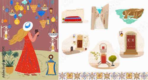 Set of Malta landmarks, symbols, famous places. Hand drawn vector illustration.