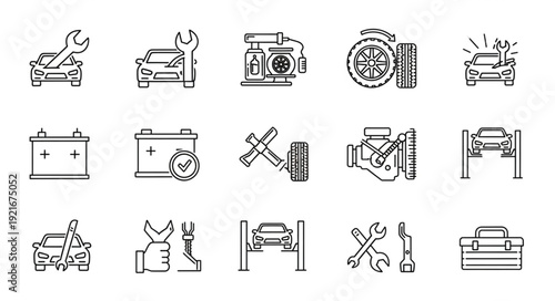 Collection of car repair and maintenance icons in sketch style.