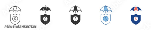 A diverse set of vector icons symbolizing financial protection and money security, featuring a dollar sign on a shield beneath an umbrella, representing asset safety and investment stability
