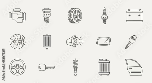 Collection of car parts and automotive components icons.