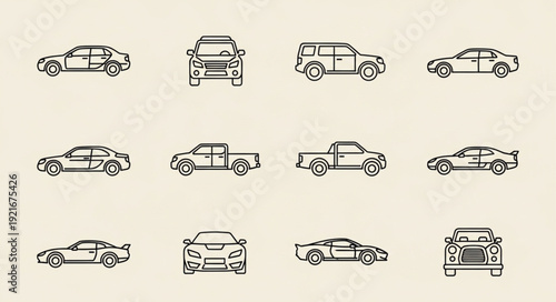 Collection of car icons in line art style.