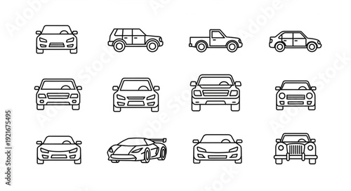 Collection of car icons and illustrations in various styles.