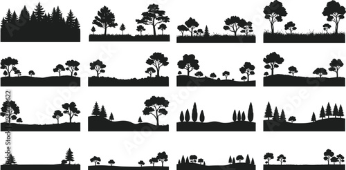 Tree landscape silhouettes vector set for nature scenes, forest horizons, outdoor backgrounds, ecology themes, minimal black countryside illustration