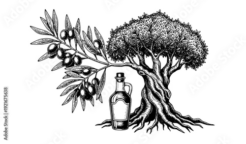Vintage engraved olive tree branch and olive oil botanical vector illustration