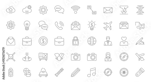 Collection of business and technology line icons on white background.