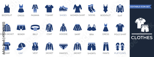 clothes solid icon set for fashion apparel, clothing store, pants, shorts, coat, laundry, shopping app, and outfit retail symbols.