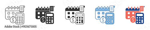 Conceptual icons for financial planning, budgeting, and expense management. Graphic shows a calendar, calculator, bill, and dollar coin, symbolizing monetary control