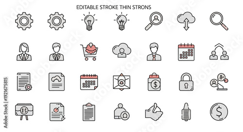 Collection of business and technology icons in thin line style.