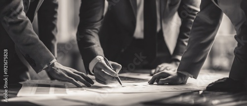Business professionals collaborating around a table reviewing documents monochrome