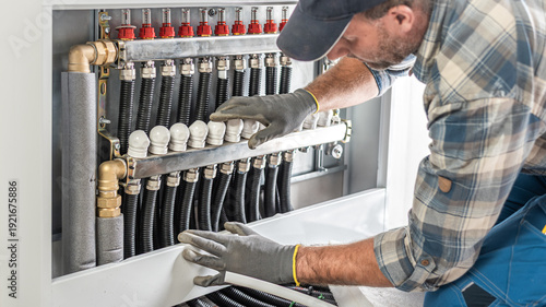 Fotografi The worker's hands adjusts and checks valves of a underfloor heating distributor