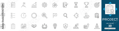 Project line icon set featuring management, planning, teamwork, timeline, briefing, and resources. Professional editable vector set for business.
