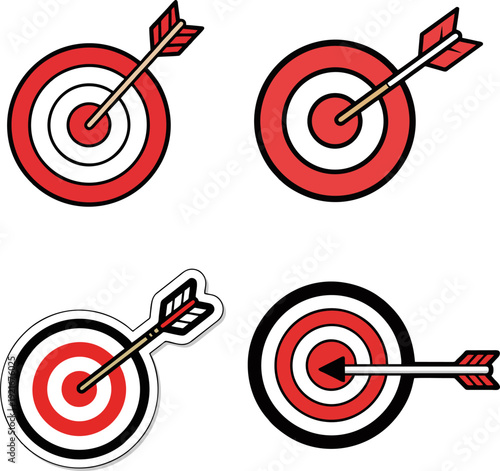 Set of four red and black target icons with arrows hitting the center, symbolizing precision and accuracy