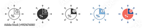 Illustrative icons depicting a percentage progress bar within a sun-like radial design, symbolizing data completion, analytical insights, and operational status for modern interface elements