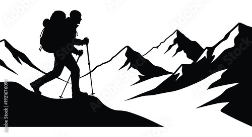 A hiker ascends a mountain range with trekking poles captured in a striking black silhouette high quality professional detailed modern elegant