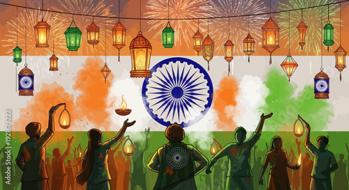 Vibrant Indian Independence Day celebration with lanterns and fireworks