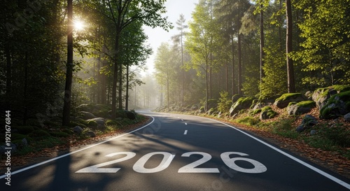 Road to the future paved path with 2026 marking through a forest