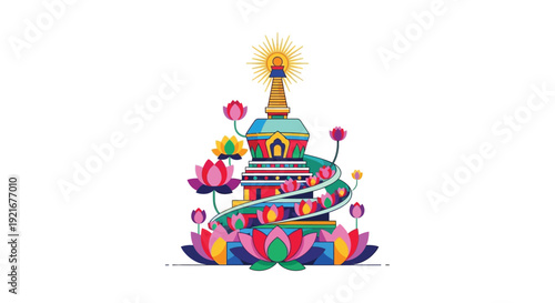 A vibrant colorful illustration depicts a buddhist stupa surrounded by lotus flowers creating a peaceful silhouette high quality professional detailed modern