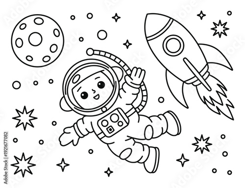 Cute Astronaut Floating in Space with Rocket and Moon Coloring Page