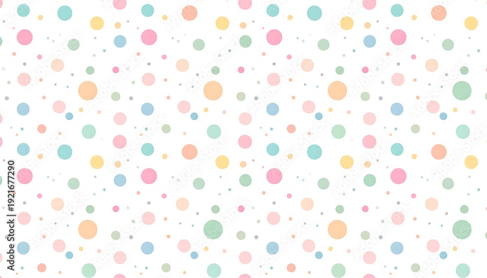 Obraz premium A playful, repeating pattern featuring a multitude of colored, randomly sized polka dots against a white backdrop