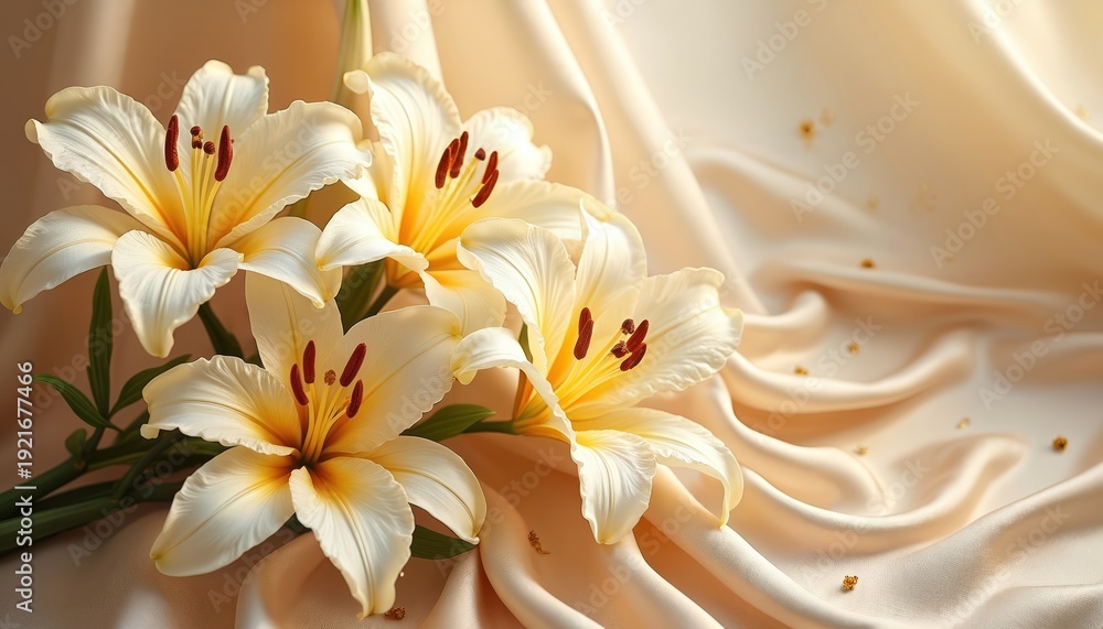 Fototapeta premium Creamy white lilies with yellow centers and red anthers rest on flowing satin fabric. Subtle gold accents dot the elegant cloth, suggesting luxury and celebration for events like weddings.