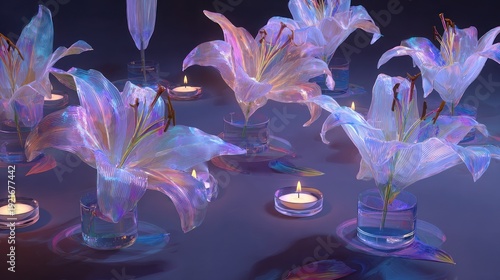 Elegant lily flowers and candles illuminated with soft light on dark background