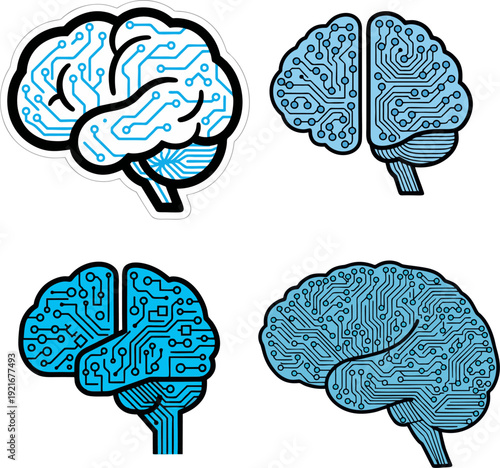 Illustrations of human brains with varying circuit patterns and anatomy displayed in a simple graphic style