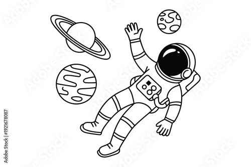 Astronaut floating in space with planets, line art