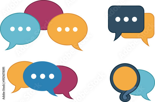 Speech bubble communication icons set, colorful overlapping designs, dialogue symbols, messaging graphics, social interaction, modern digital conversation tools