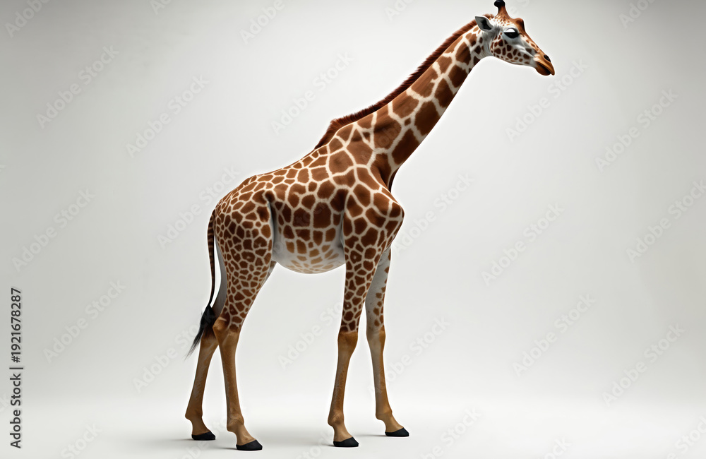 Obraz premium Giraffe stands on white background, showing full body and distinct pattern. Tall mammal with long neck and legs, seen from the side. This animal is a gentle giant.
